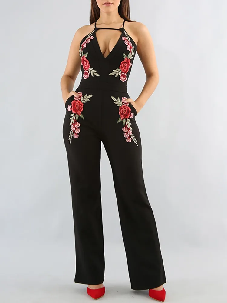 2017 high fashion sexy Black With Rose Flower full length Women long Sexy Slim Bandage party Jumpsuits wholesale HL | Женская одежда