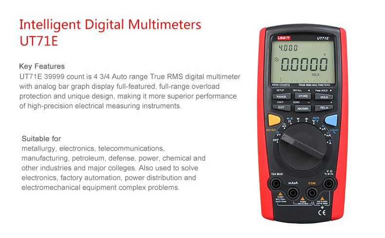 UNI-T UT71E Intelligent Digital Multimeter 40000 Counts AC DC Ohm Capacitance Temp Meter Data Logging USB Interface Bluetooth