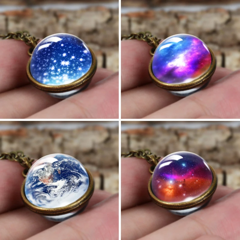 Time Gem Nebula Galaxy Planet Universe Necklace Double Sided Glass Ball Pendant Solar System For Women Kids Jewelry | Украшения и