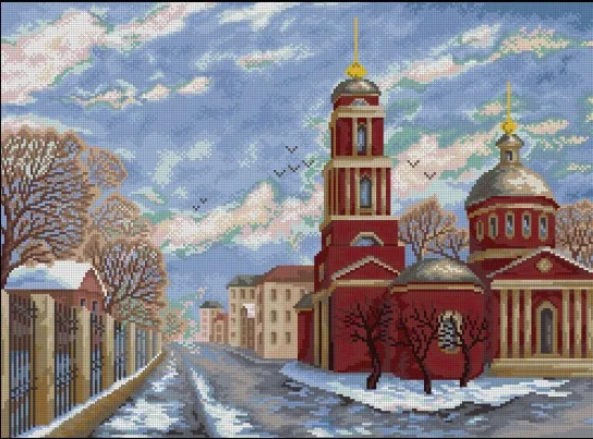 Набор для вышивки крестом зима снег Россия Московский город красный дом улица |