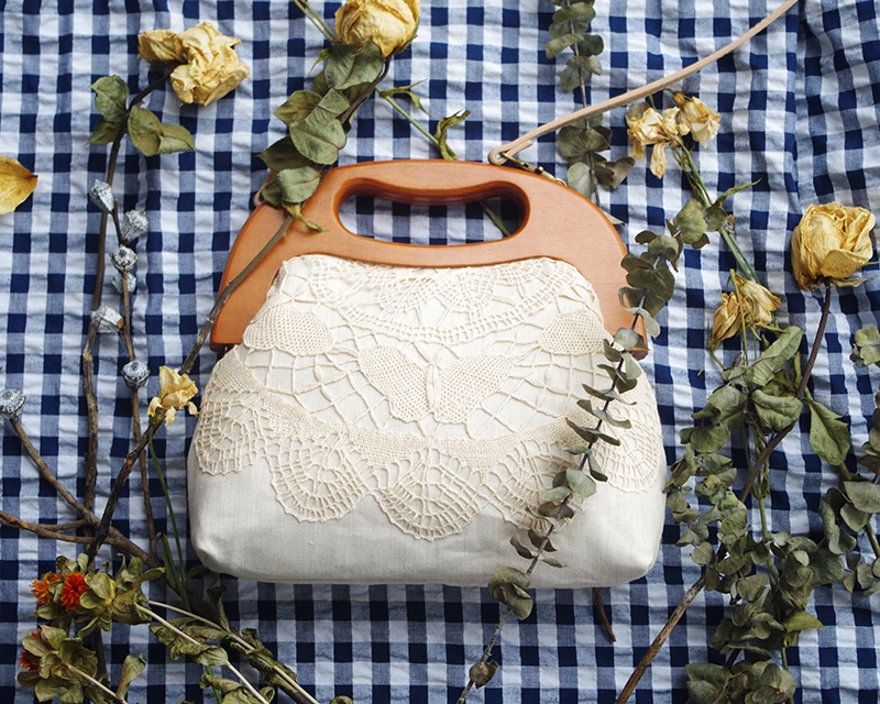 LilyHood Handmade Women Lace Cover Wood Top Handle Bag Lady Autumn Crochet Shabby Chic Victorian Instagram Wedding Book Shoulder | Багаж и