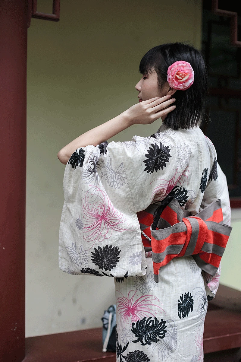 Ladies Imitation Linen Chemical Fiber Fabric Modified Version of Kimono Bathrobe Set Daisy Stem Traditional | Тематическая одежда