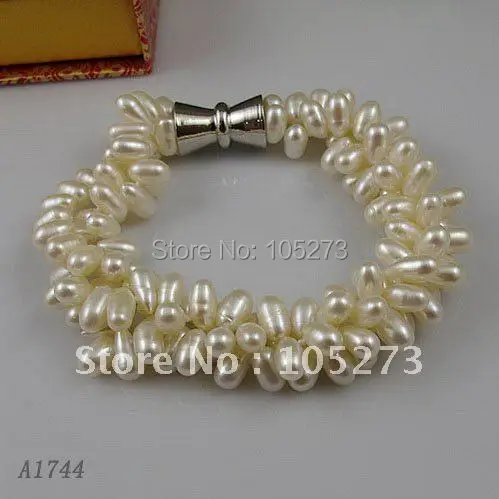 

Baroque pearl bracelet 8inchs AA5-6MM white color Genuine fresh water pearl bracelet 3rows magnet clasp free shipping A1744