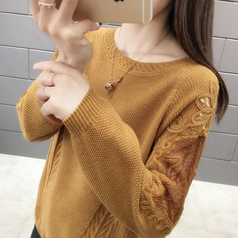

Fashion Women Spring Autumn Pullovers Long Sleeve Slim Lady's Knitted Sweaters Lace Style Womens Hollow Out Top Pullovers White