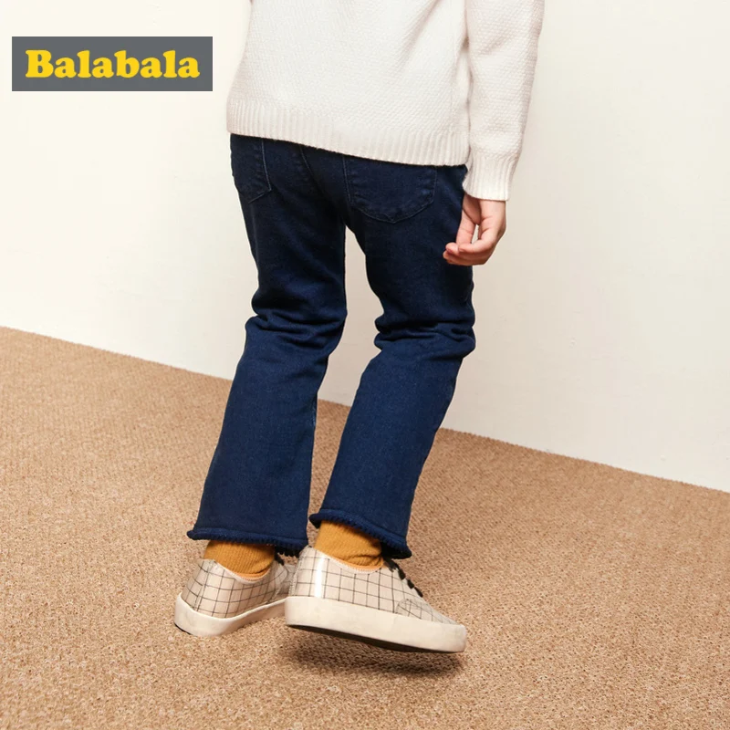Balabala Todder Girl Fleece-Lined High Flare Jeans with Tab Kids Pull-on in Washed Denim Pocket Ribbing at Waist | Мать и ребенок