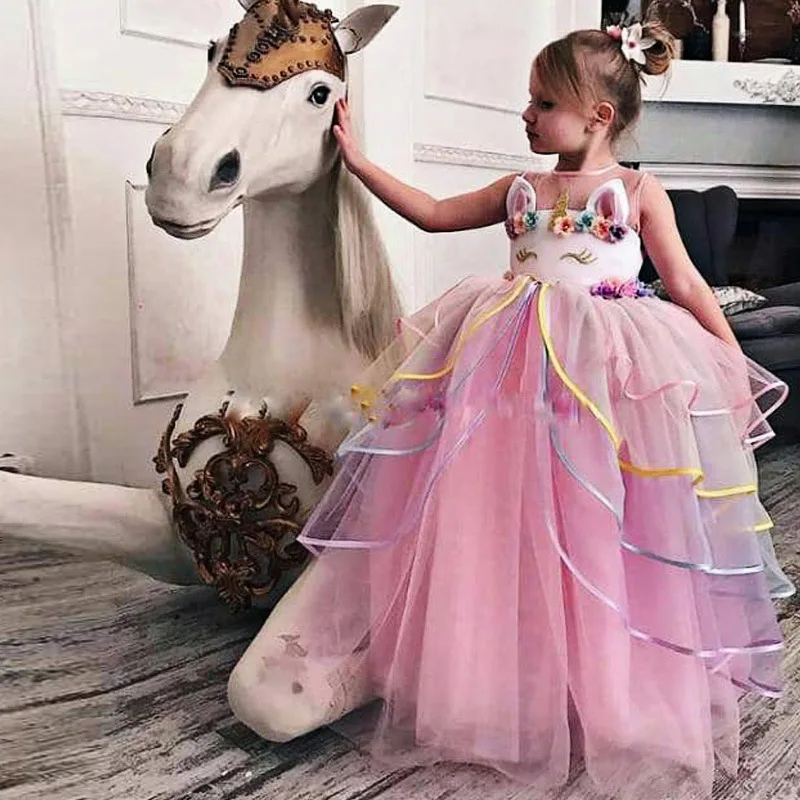Kids Party Dress For Girls Unicorn Embroidery Wedding Prom Gown Baby Girl Princess Birthday Dresses Costume Children's Clothing | Детская