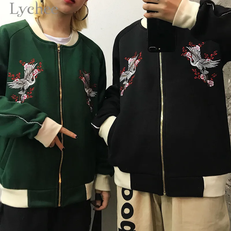 

Lychee Autumn Crane Embroidery Women Jacket Coat Zipper Loose Long Sleeve Casual Loose Female Coat Baseball Uniform Outwear