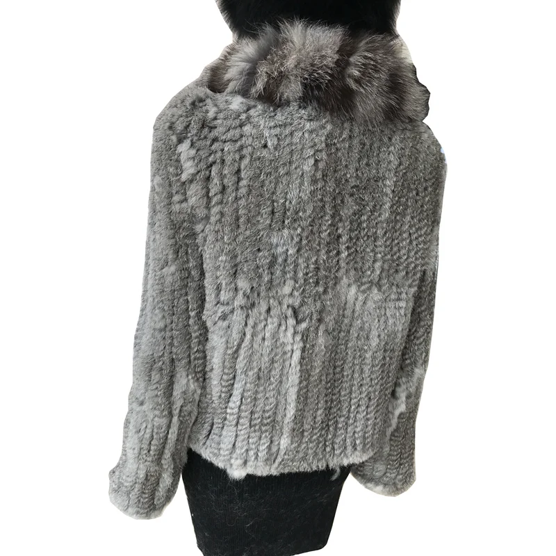 Женская вязаная шуба из натурального кроличьего меха пальто с воротником