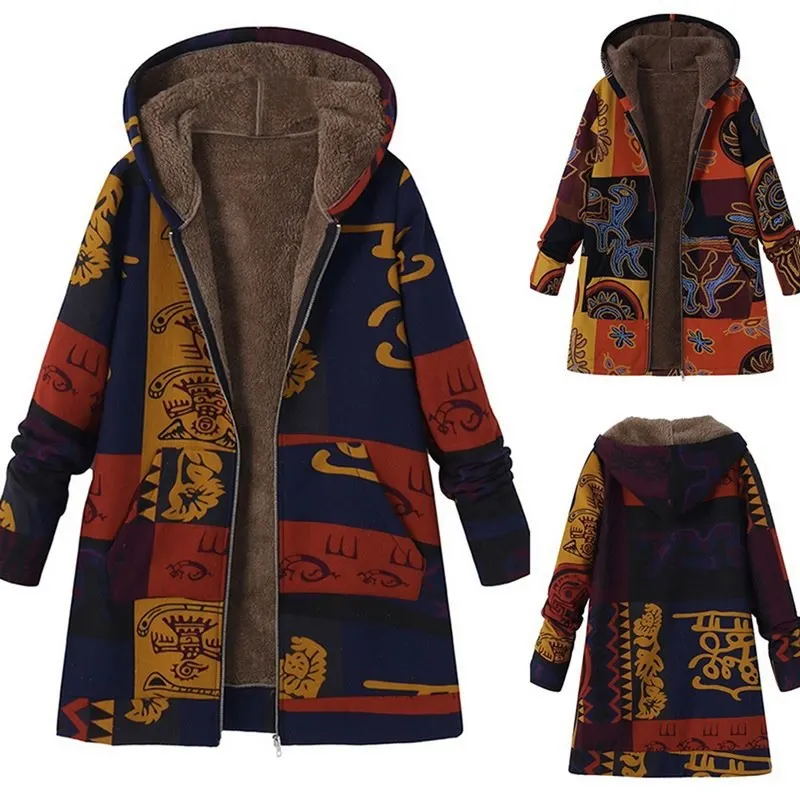 Laamei 2018 Women Blends Fashion Autumn And Winter Print Hooded Pocket Plush Long Sleeve Jacket Loose Outwear Plus Size | Женская одежда