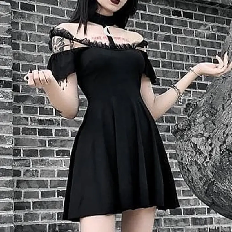 Летние готические шикарные элегантные Harajuku черные женские мини платья