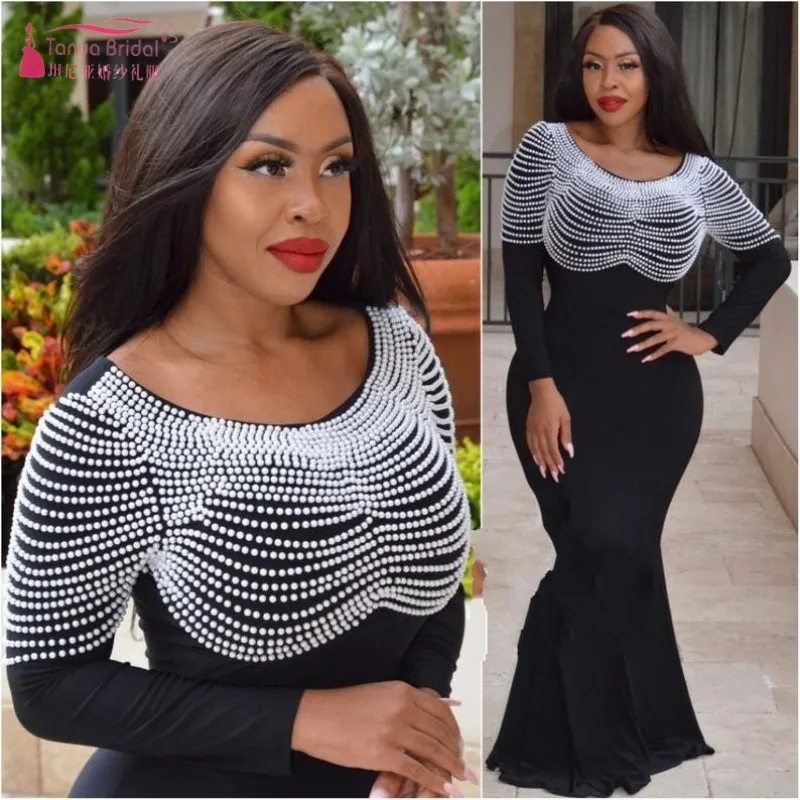 

Длинное вечернее платье с длинными рукавами, черная Русалка с круглым вырезом, белые бусы, длина до пола 2019 SS024