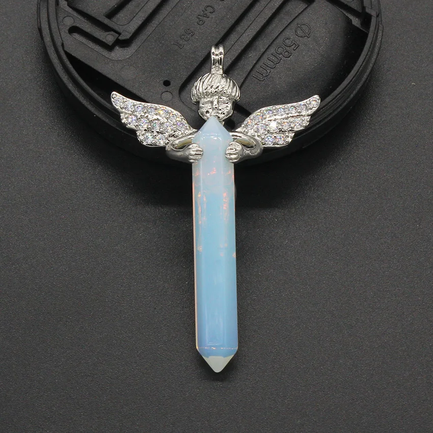 

100-Unique 1 Pcs Silver Plated Hexagon Prism Opalite Opal Stone With Angel Pendant For Gift Fashion Jewelry