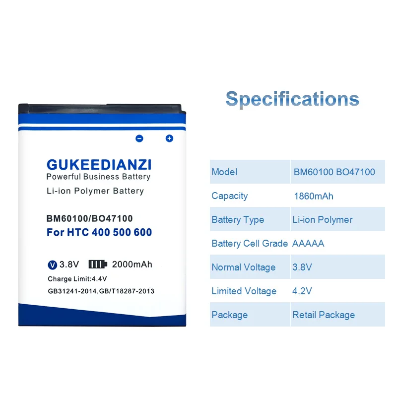 Аккумулятор GUKEEDIANZI для HTC Desire 400 500 600 Dual SIM 609d 5088 5060 C525c C525E T528 T606W T608T 2000mAh BM60100 BO47100 |