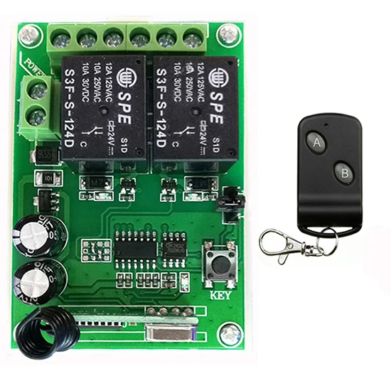 DC24V 2CH Relay Wireless Remote Control Switch Receiver Transmitter Learning 315/433 Normally Open/Closed Door Access LED/lamp |