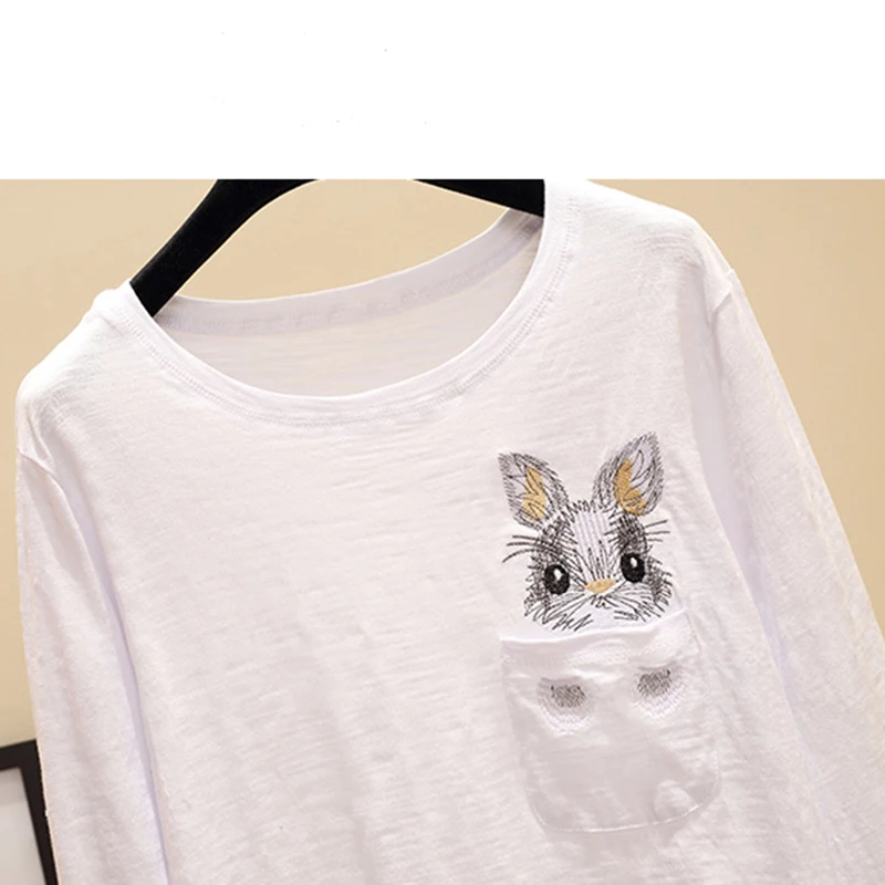 

Pocket Cotton Tee Shirt Femme Female 2021 Autumn Vogue T-Shirt Cartoon Embroidery T Shirt Women Long Sleeve Tees Camisetas Mujer