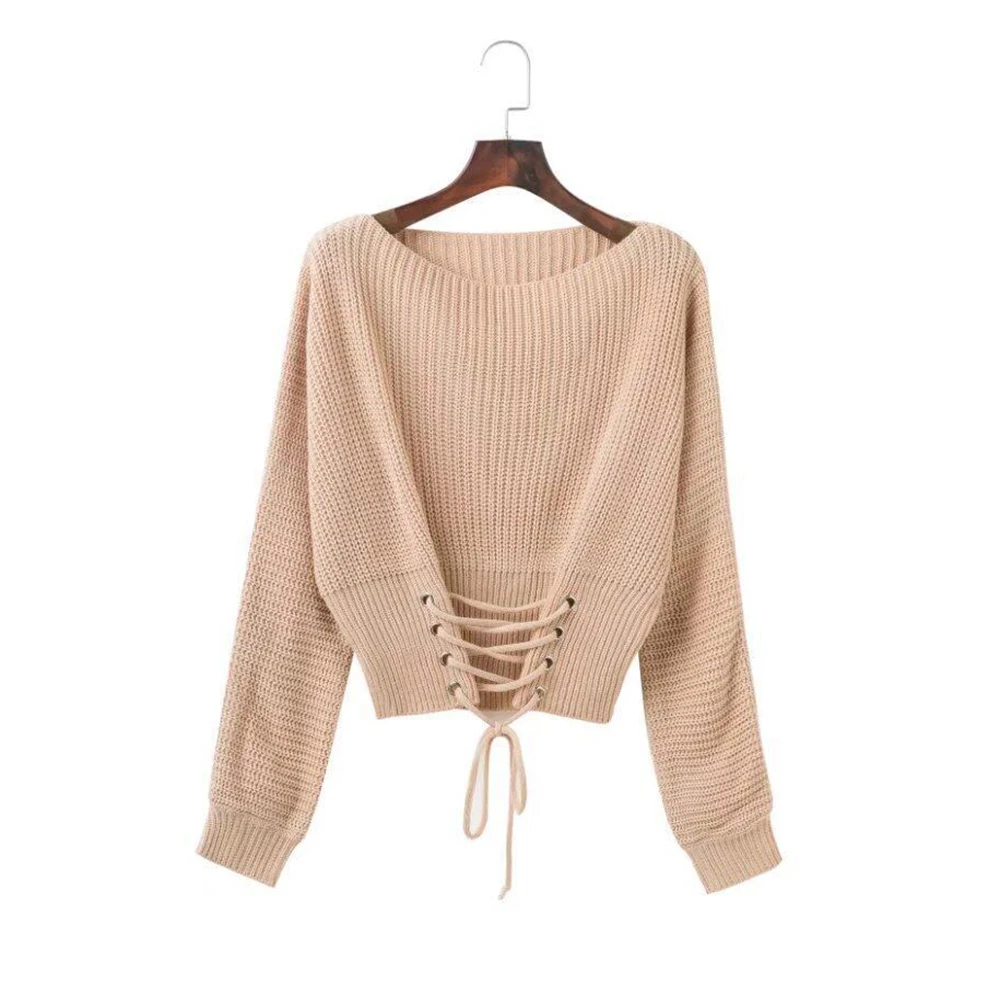 Gaeshow Fashion Lace Up Knitted Pullover Sweater Women Slash Neck Long Sleeve Jumper Autumn Winter Tops Knitting Female | Женская одежда