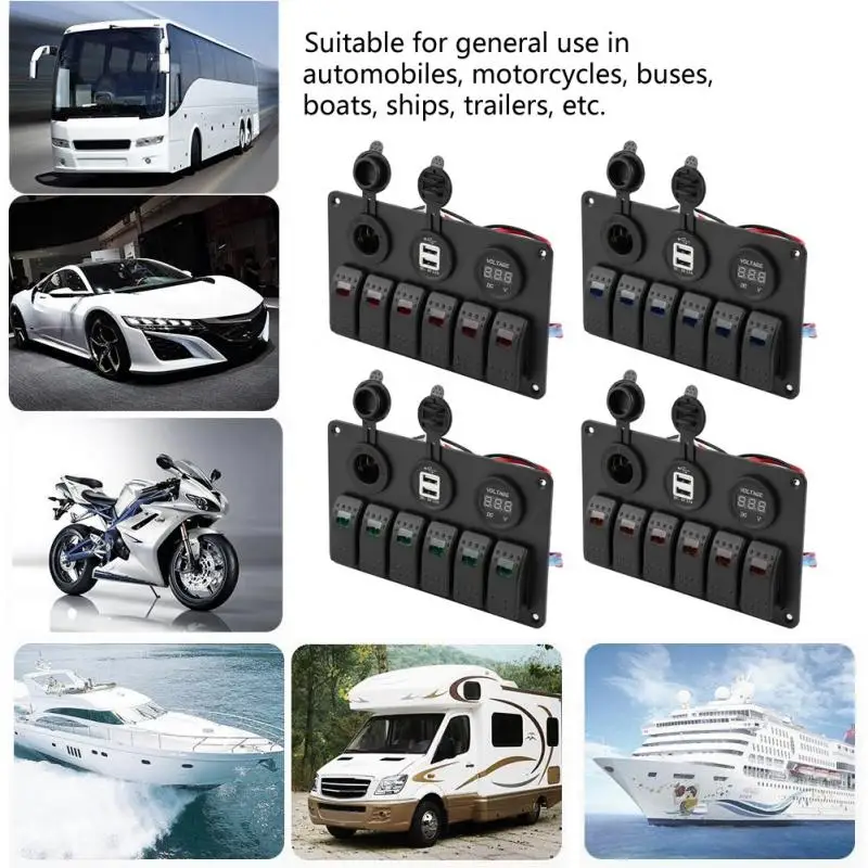 12V 24V 6 Gang Car Boat Marine LED Rocker Switch Panel Dual USB Voltmeter Cigarette Lighter Auto Replacement Parts | Автомобили и