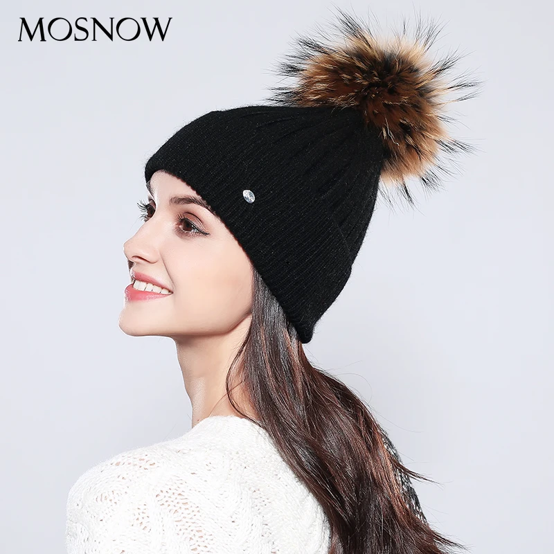 Женские зимние шапки однотонные осень зима настоящий помпон из меха енота Skullies Beanies хлопок шерсть теплая вязаная шапка# MZ750