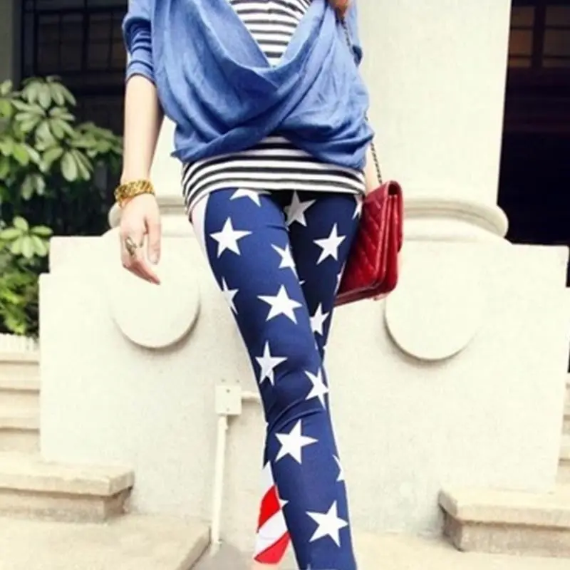 New American Flag Stripes Star Print Leggings Thin Slim Pants Skinny Fitness High Stretched Casual Workout | Женская одежда