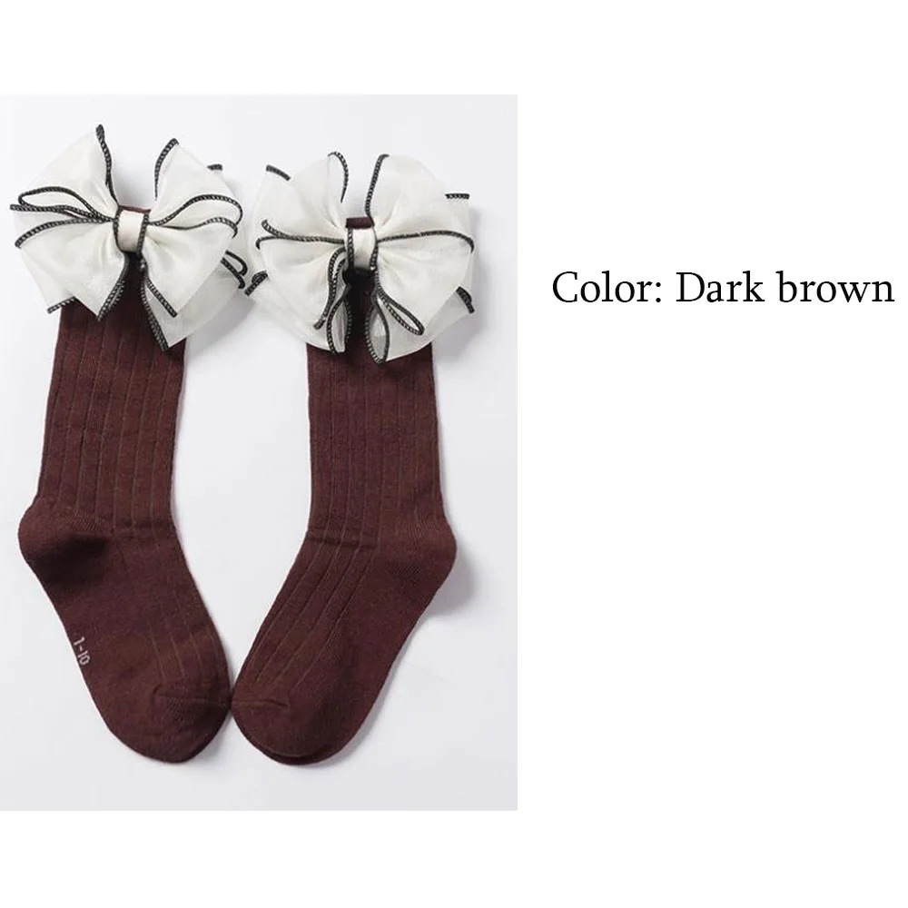 dark brown Модные детские носки с бантиками, носки для маленьких девочек Хлопковые гольфы для детей ясельного возраста, яркие цвета, одна пара носков для младенцев - Цвет: dark brown