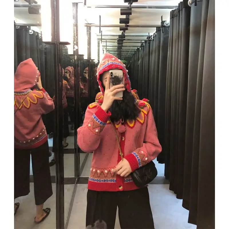 JOYDU High Street Oversize Sweet Sweater Women Cardigan Coat 2019 Hooded Lace Up Hairball Strawberry Patchwork Knitted Sweaters |
