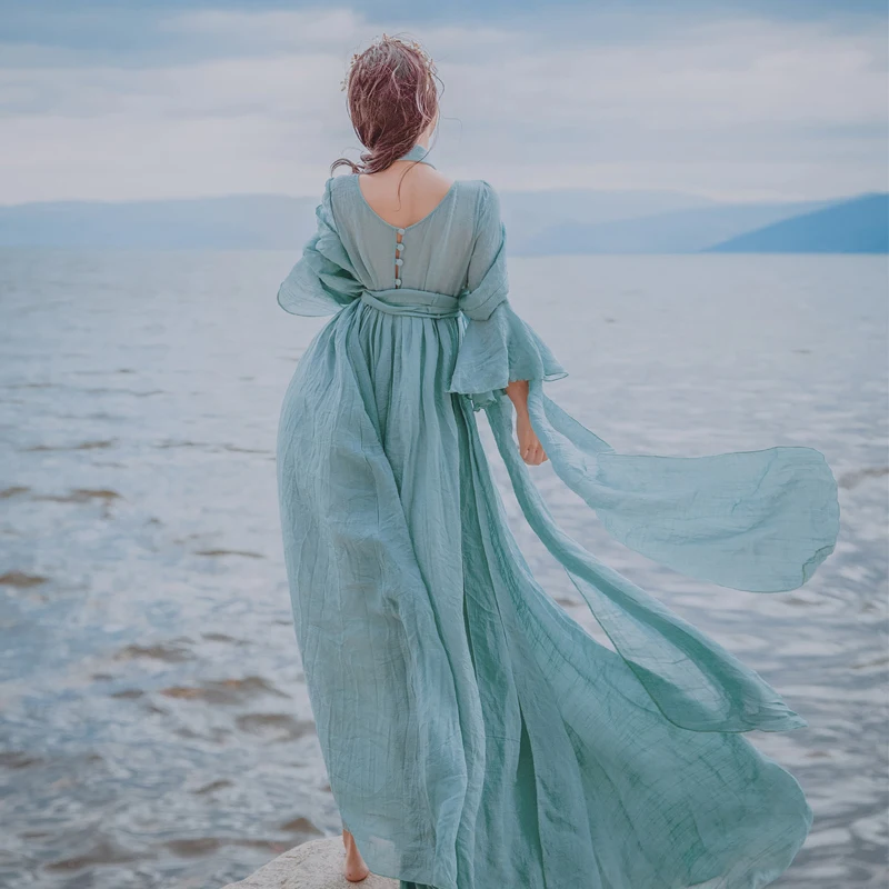 Женские винтажные литературный синий повязки хлопок лен высокой талии платье