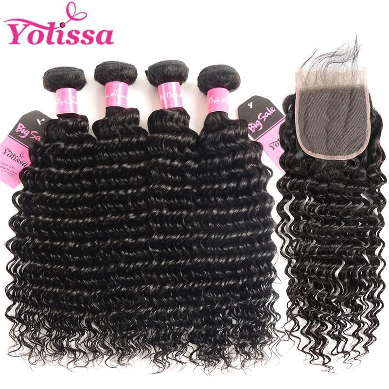 Yolissa волосы малазийские глубокая волна 4 пучка с закрытием 100% человеческие пучки 8