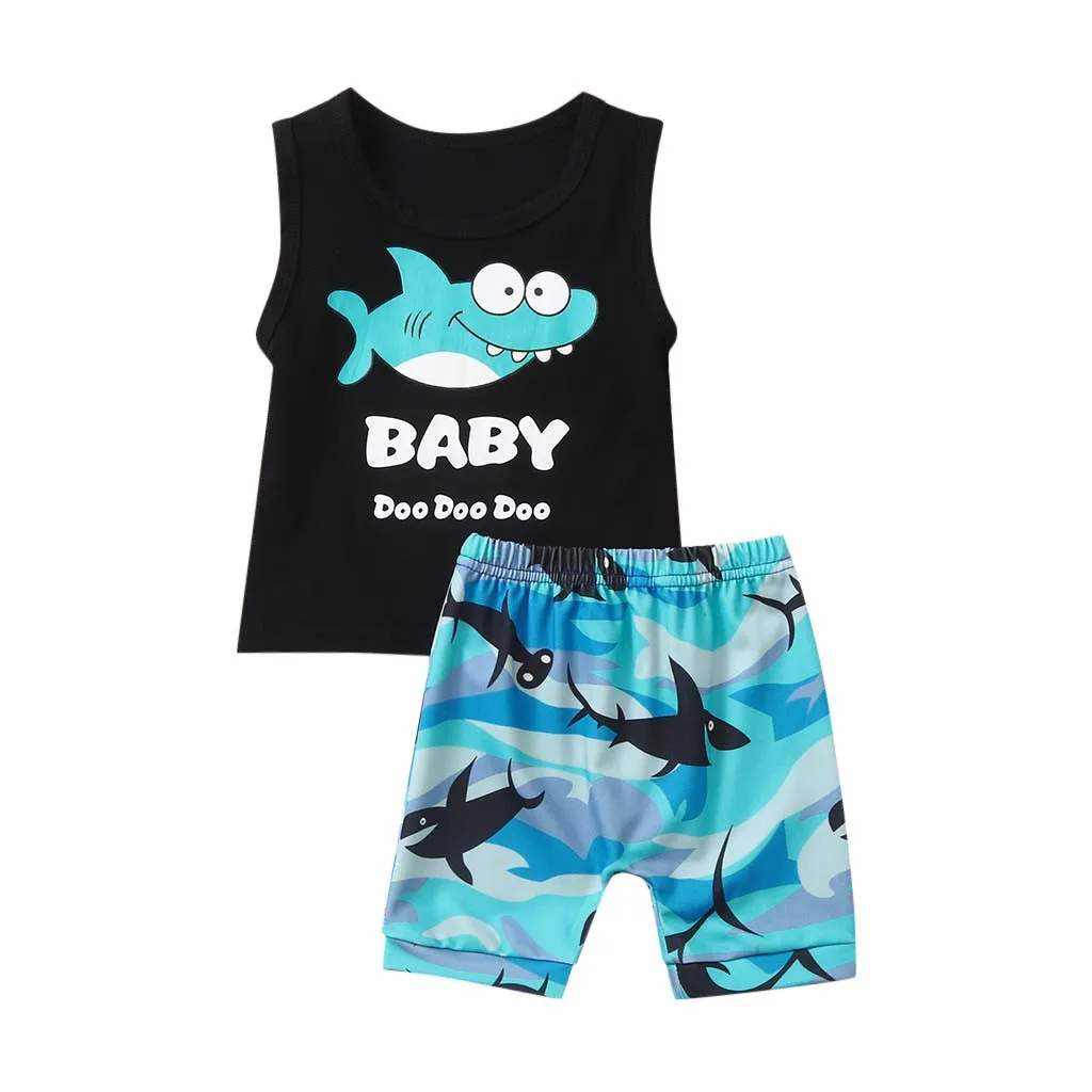Toddler Boy Clothes Set Child Infant Cartoon Shark Letter Printed Vest Tops+Shorts Children Clothing For Boys 1 2 3 4 Years | Детская