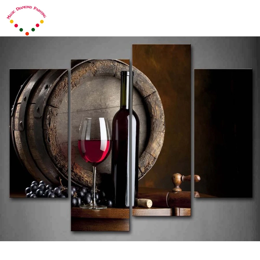 

4 Pieces Spuare/Round diamond Painting cross stitch Wine and wine glasses,DIY Diamond Embroidery red wine for Living Room decor