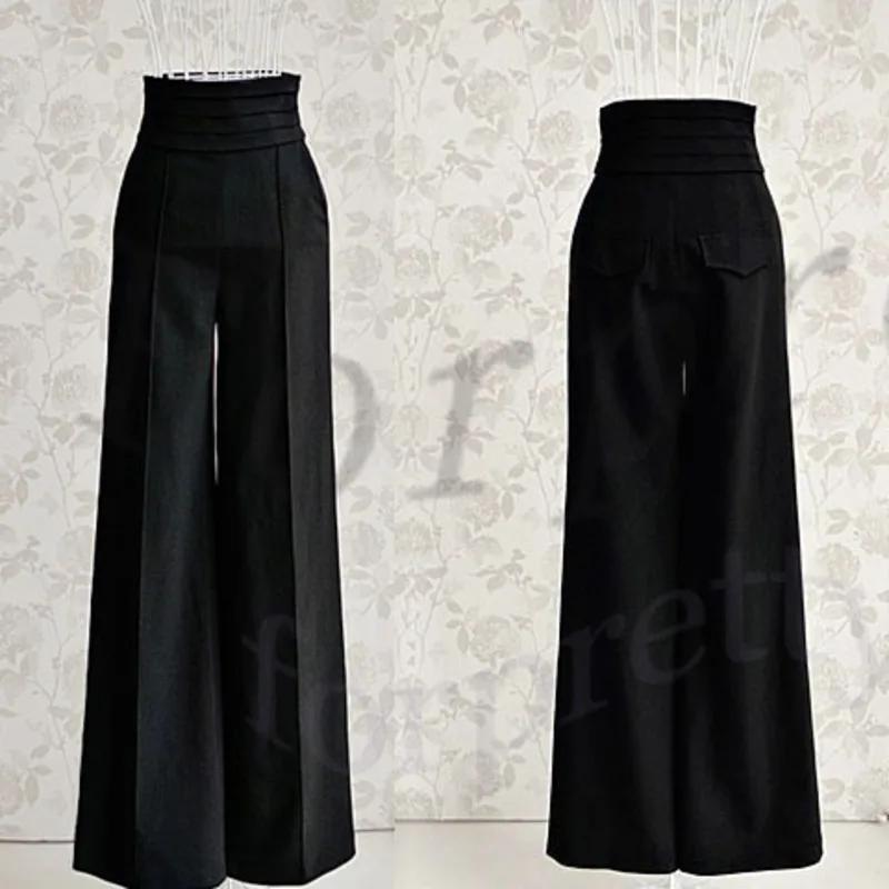 

Vintage OL Career Women Slim High Waist Flare Wide Leg Long Pants Black Trousers