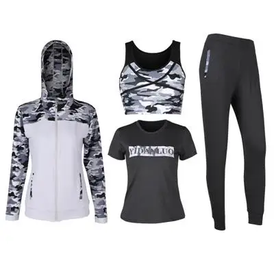 white 4 piece Комплект для йоги, Женская Спортивная одежда для фитнеса, бюстгальтер, рубашка, штаны, 4 шт., спортивная одежда для бега, дышащий спортивный костюм - Цвет: white 4 piece