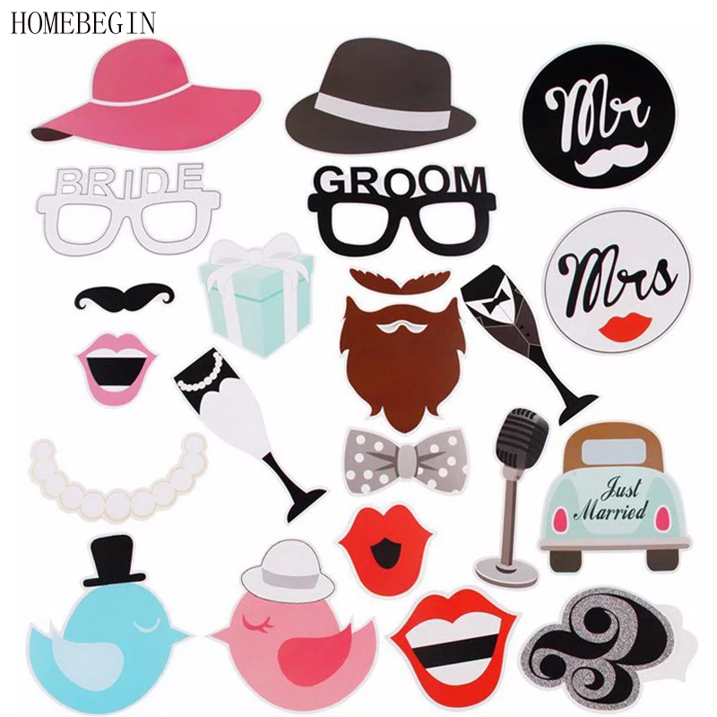 

HOMEBEGIN 22Pcs Wedding Photo Booth Props Mr Mrs Just Married Romantic Marriage PhotoBooth Bridal Shower Party Supplies