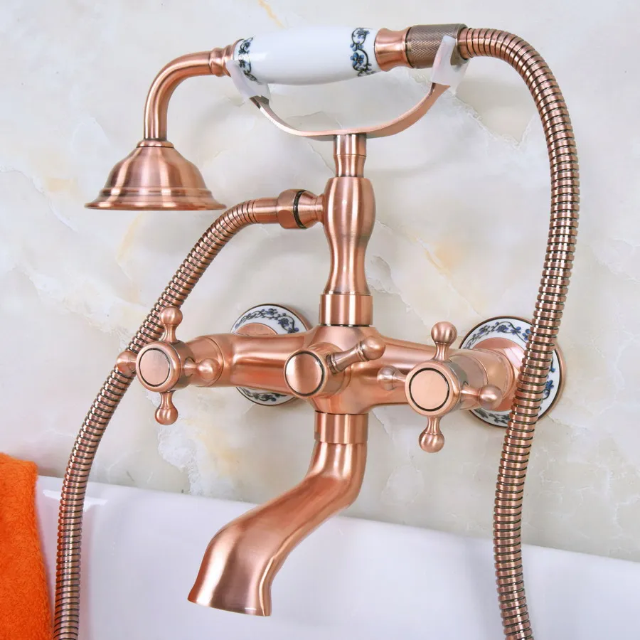 

Antique Red Copper Brass Wall Mounted Bathroom Clawfoot Tub Faucet Mixer Tap Telephone Shower Head Dual Cross Handles ana337
