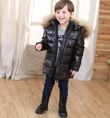 black shiny Куртка с воротником из натурального меха енота пальто на белом утином пуху детские длинные толстые парки Детские темно-синие Куртки ветрозащитные пальто - Цвет: black shiny