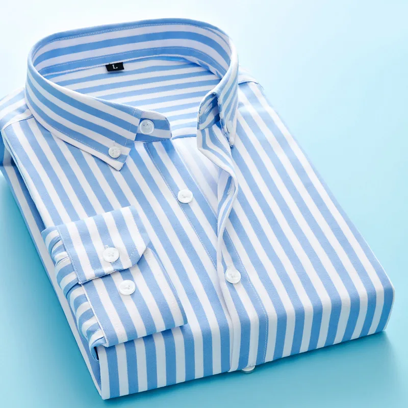 light blue Мужская деловая Повседневная рубашка с длинным рукавом, мужская рубашка размера плюс M-5XL, Классическая полосатая Мужская одежда, рубашки, верхняя одежда - Цвет: light blue