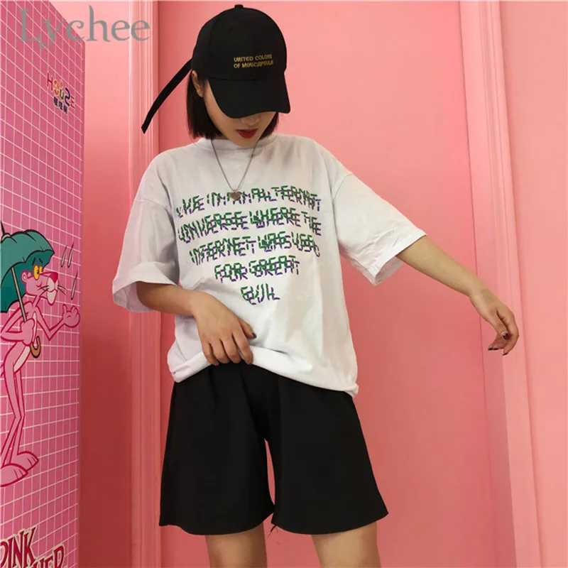 Lychee Harajuku Летняя женская футболка Phantom с буквенным принтом, Повседневная Свободная футболка с коротким рукавом, женская футболка