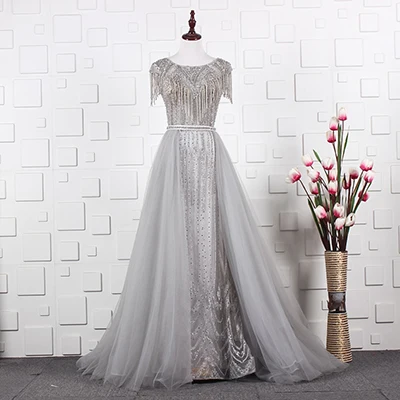 JANCEMBER Grey and Pink Diamond Crystal Luxury Evening Dress Cap Sleeve Fashion With Train Evening Dress Real Photo - Цвет: Серый