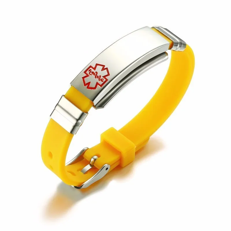 Yellow silver Персонализированные различные цвета медицинского оповещения ID браслет для детей и взрослых Силиконовые браслеты из нержавеющей стали бирки на заказ выгравированы - Окраска металла: Yellow silver