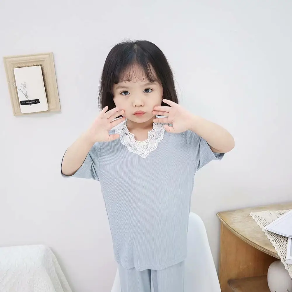 Light Blue Пижамы для девочек, летние пижамы в рубчик, детские пижамы для девочек, детская одежда для сна, одежда для сна для малышей, модальный топ+ штаны, от 18 месяцев до 11 лет - Цвет: Light Blue