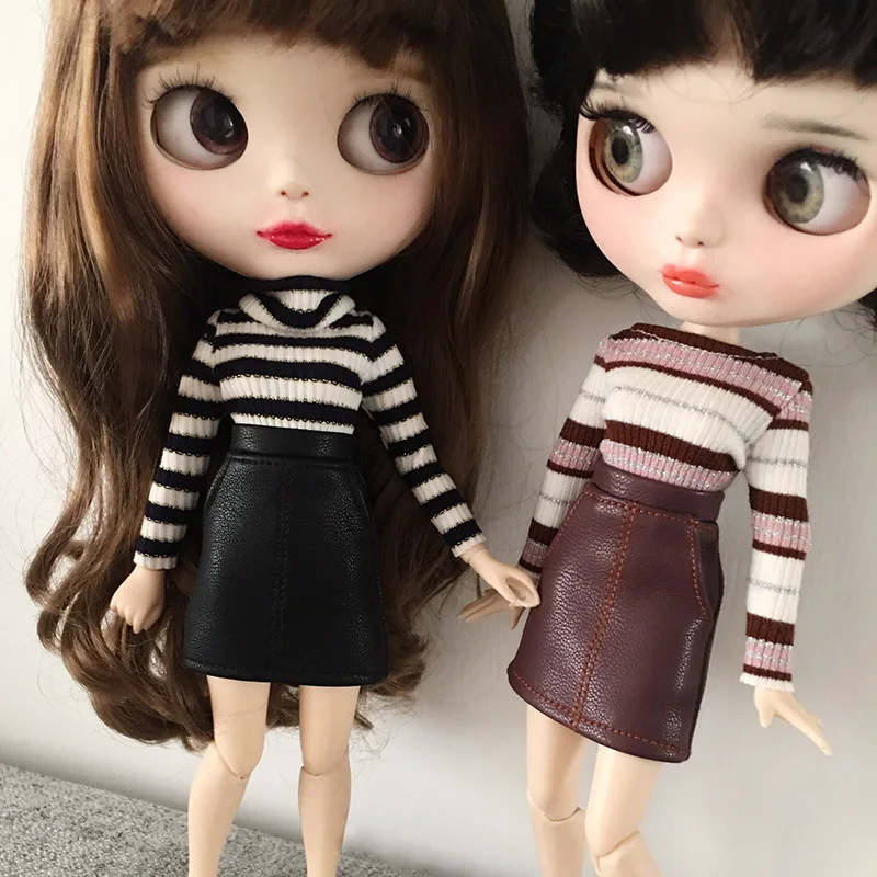 New Fashion Blyth Doll Clothes Stripe Shirt+Leather Skirt for Dress outfit Set ob24 azone s blyth doll Accessories | Игрушки и хобби
