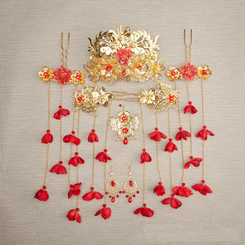 Китайский традиционный свадебный головной убор длинный красный цветок Кисточки
