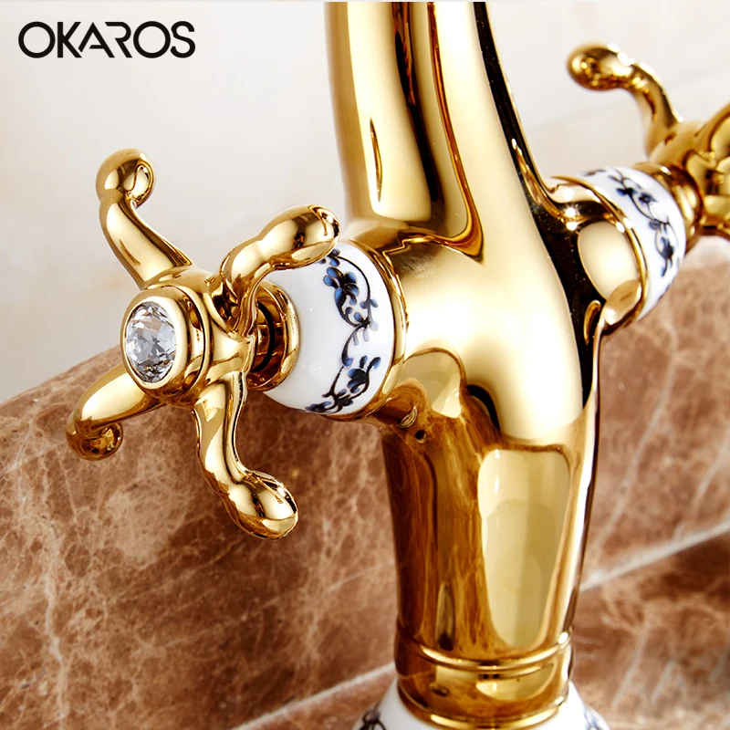 Смеситель для раковины OKAROS твердая латунь Хромовая/Золотая отделка двойная