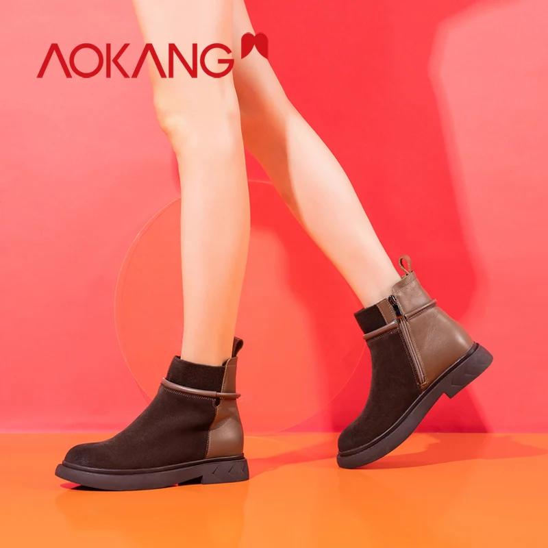AOKANG/новые женские ботинки; сезон весна-осень; женская обувь из коровьей замши черного цвета с круглым носком на молнии; женские ботинки с бахромой и кисточками
