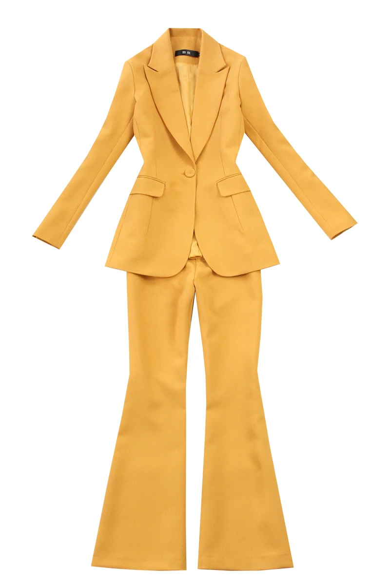

Women's Business Office Suit Pants Set Temperament Slim Long Sleeve Yellow Blazer Women Casual bell bottom pants 2019 autumn new