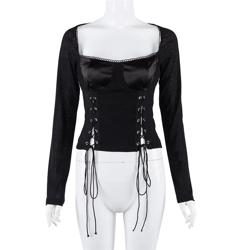 Весенние черные футболки 2019 женские сетчатые с ремнями и квадратным вырезом