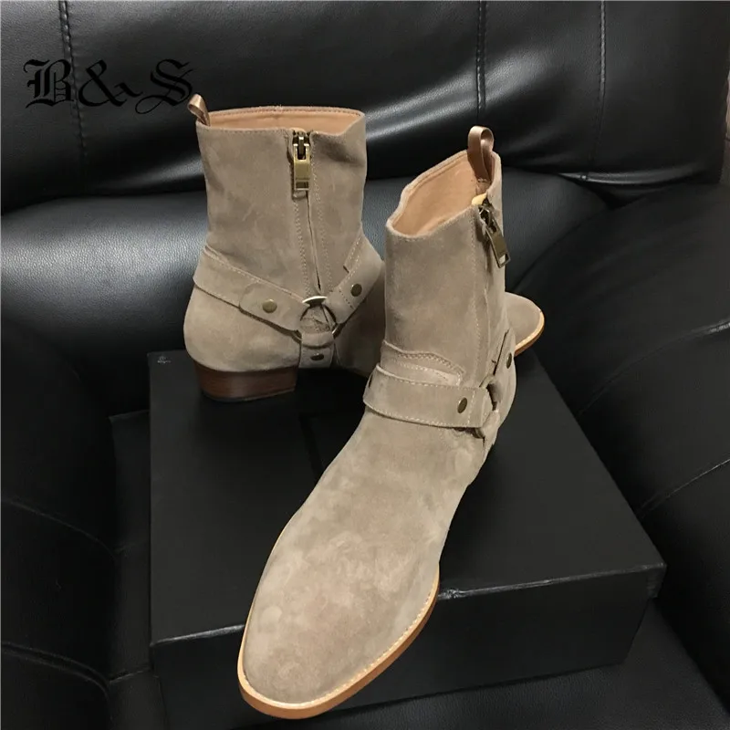 Мужские замшевые ботинки ручной работы бежевые высокие из натуральной кожи на