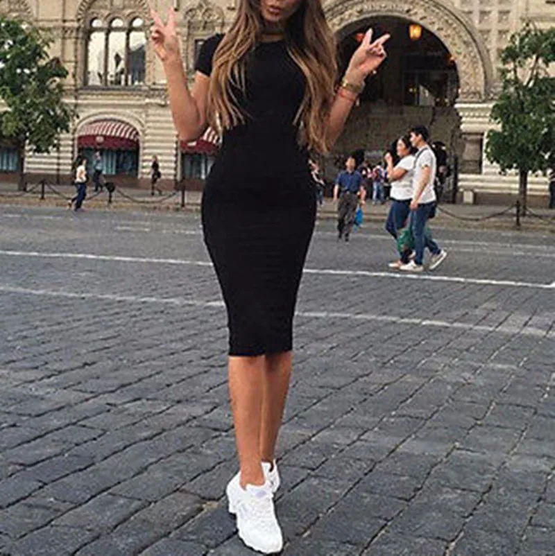 Summer 2018 Women Ladies Elegant Short Sleeve Solid Color Slim Dress Evening Party Casual Sexy Knee Length Pencil 3 Colors | Женская