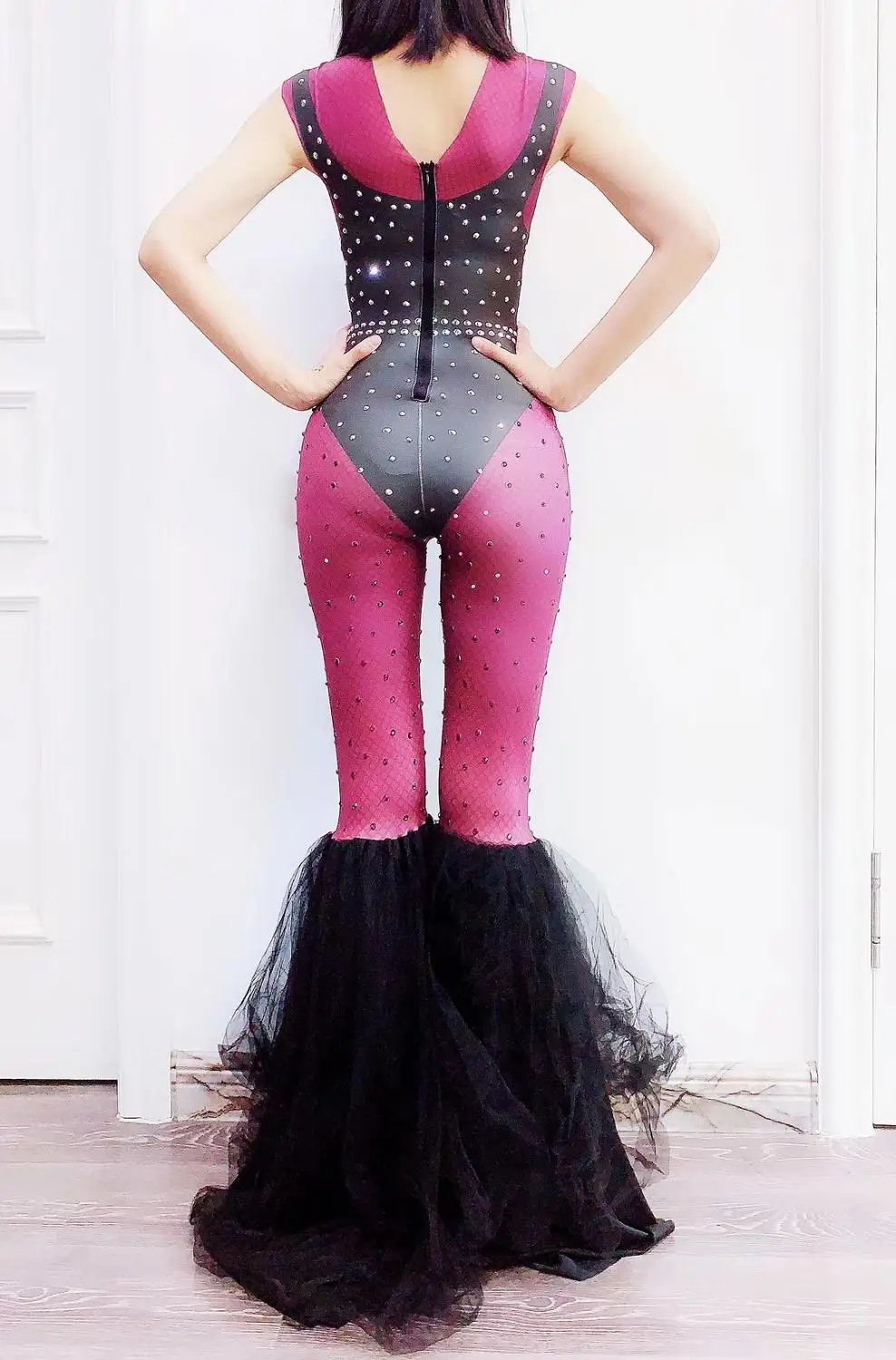 

New Feather Women Bodycon Stage Costumes Jumpsuits Fashion Women Rhinestones Performance Costume Dancer Stretch Skinny Bodysuits