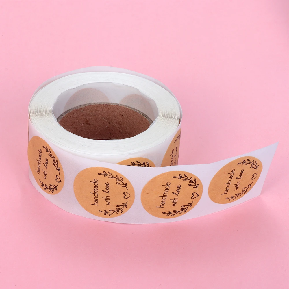 500PCS/Roll Cards Box Package Label Sealing Handmade with Love& Flower Kraft Paper Stickers Wedding Decor Party Supplies#3
