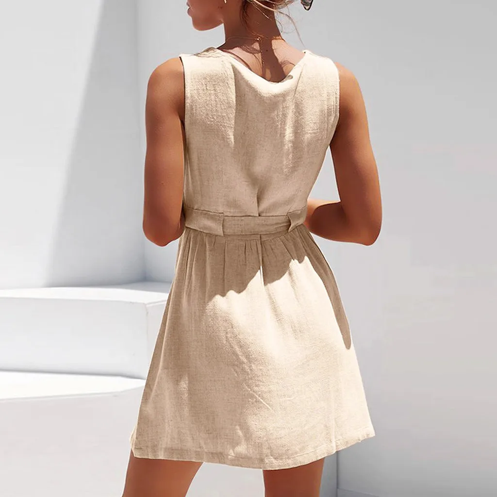 

Women Summer Dress 2019 Casual Solid Sleeveless V Neck Button Mini Party Dress Womens Beach Bandage A-Line Sundress Vestidos